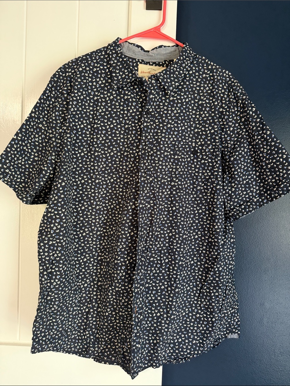 Weatherproof Navy Short-Sleeve Button-Down with White Micro Pattern